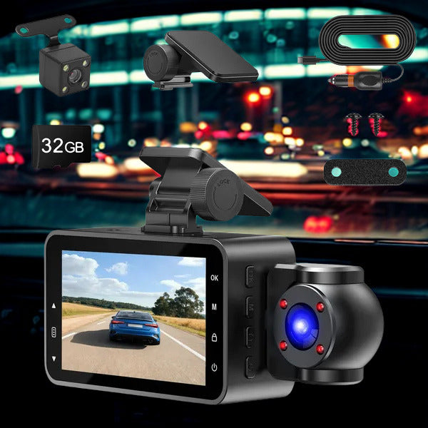 3-Channel Car Dash Cam – 1080P Front, Rear & Interior with WiFi