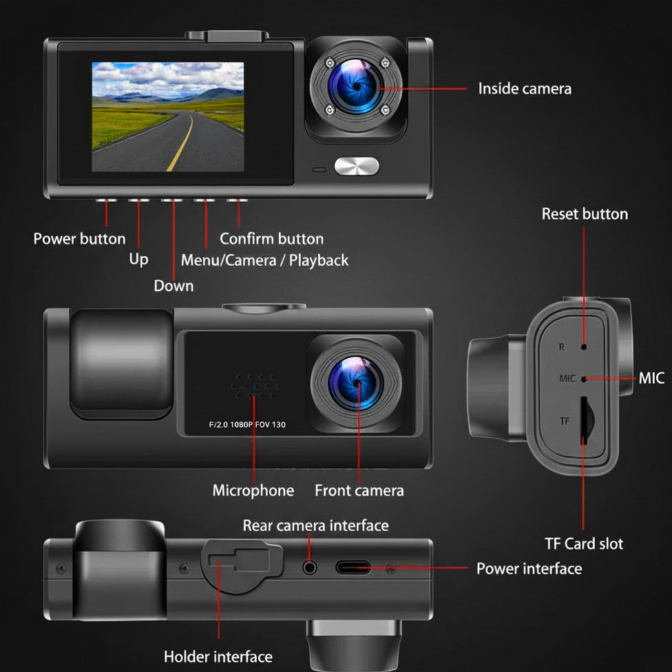 Dual Lens Dash Cam — HD 1080P Front, Rear & Interior Recording with G-Sensor