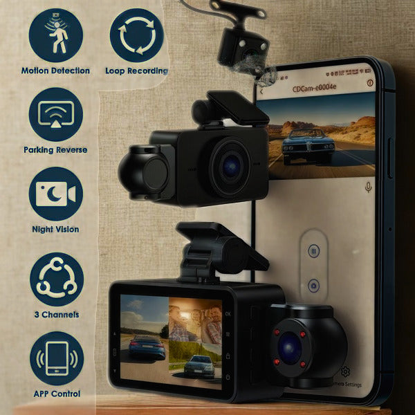 3-Channel Car Dash Cam – 1080P Front, Rear & Interior with WiFi