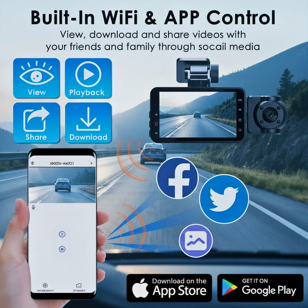 3-Channel Car Dash Cam – 1080P Front, Rear & Interior with WiFi